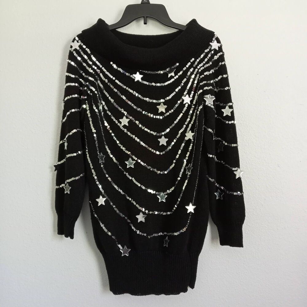 Vintage Bonnie Boerer Sequins Star Sweater SZ M Silver Black Tunic Pullover